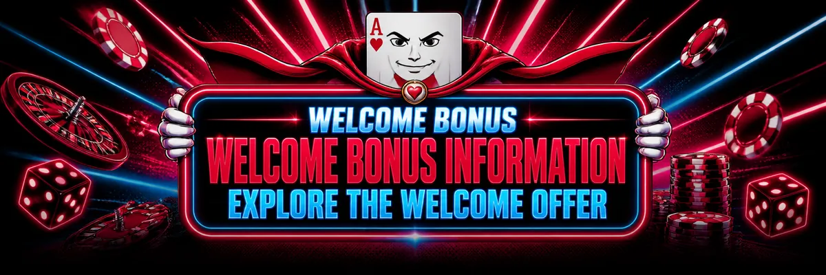 A caped ace hero presents a glowing welcome bonus panel against a rose-red and sky-blue casino backdrop.